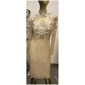 Vintage: Beaded, long sleeve, Gold and white, and sheet dress